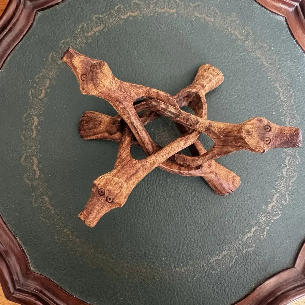 Vintage Hand Carved Interlocking Wooden Stand Bowl Plant Stand Tripod Artisan